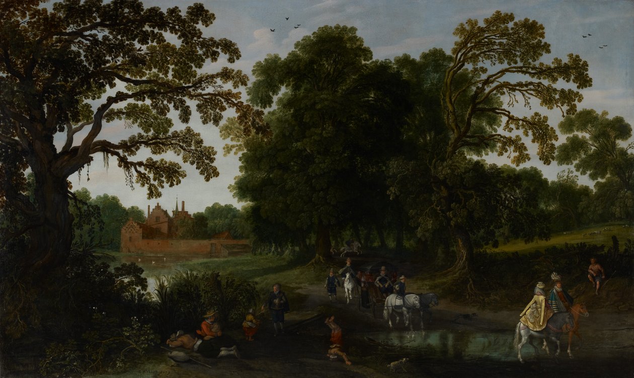 Abtspoel Castle, 1619 से पहले एक अदालती जुलूस के साथ लैंडस्केप द्वारा एसियास वैन डे वेलडे