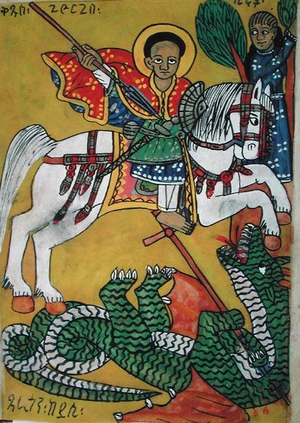 W.951 fol.78r सेंट जॉर्ज एंड द ड्रैगन, 'द मिरेकल्स ऑफ़ द धन्य वर्जिन मैरी' (वेल्लम) से द्वारा इथियोपिया का स्कूल