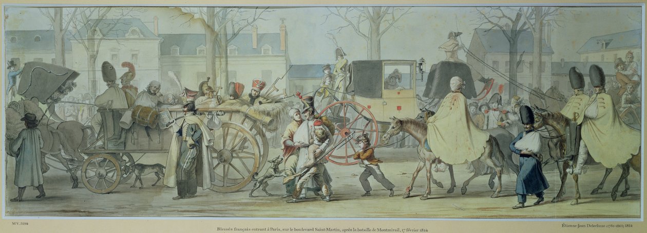 17 फरवरी 1814 को मोंटेमिरिल की लड़ाई के बाद बुलेवार्ड सेंट-मार्टिन में घायल फ्रांसीसी सैनिकों का पेरिस में प्रवेश द्वारा एटिने जीन डेलेक्ज़ुए