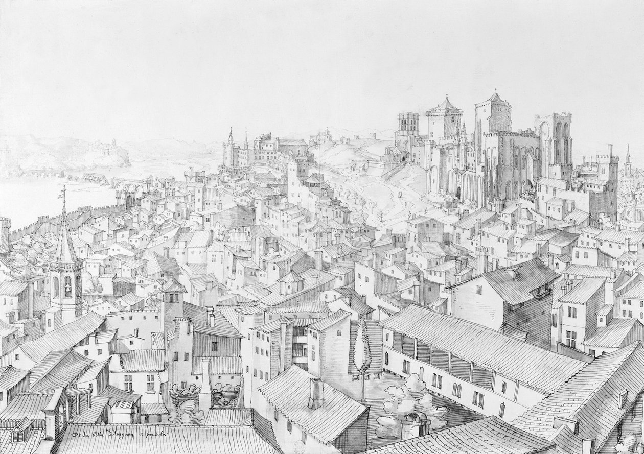 Avignon और उसके आसपास के शहर का दृश्य (कागज पर कलम और स्याही धोना) द्वारा एटिने मार्टेलेंज