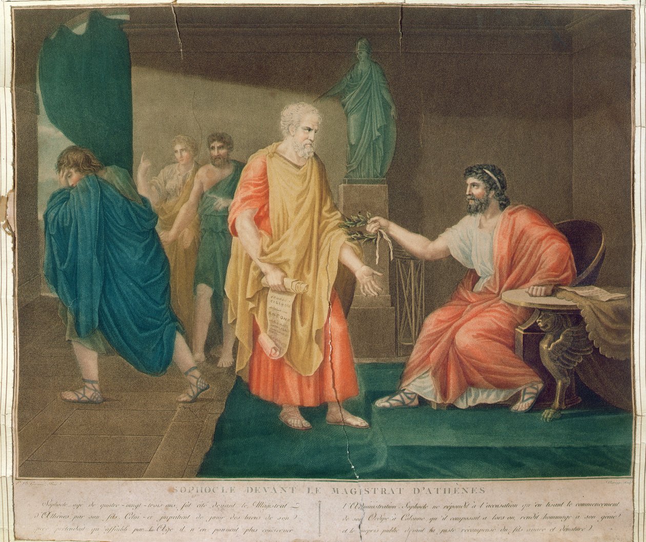 सोफोकल्स (c.496-405 ईसा पूर्व) को 83 वर्ष की आयु में एथेनियन मजिस्ट्रेट (रंग उत्कीर्णन) द्वारा जैतून की माला से सम्मानित किया जाता है। द्वारा एटिने बर्थेलेमी गार्नियर