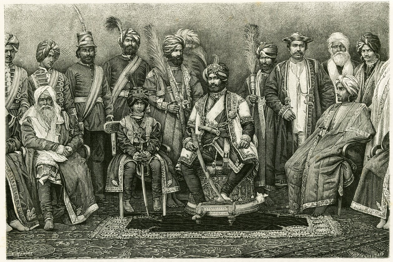 कश्मीर महाराजा, रामबीर सिंह और उनका दरबार। 1881 में मैरी डी उज्फालवी-बॉर्डन (उज्फल्वी बॉर्डन) द्वारा "पश्चिमी हिमालय में एक पेरिस की महिला का पोर्ट्रेट" कहानी को चित्रित करने के लिए ई। रोंजत द्वारा उत्कीर्ण। टूर डू मोंडे में प्रकाशित, दूसरा सेमेस द्वारा एटिने एंटोनी यूजीन रोनजत