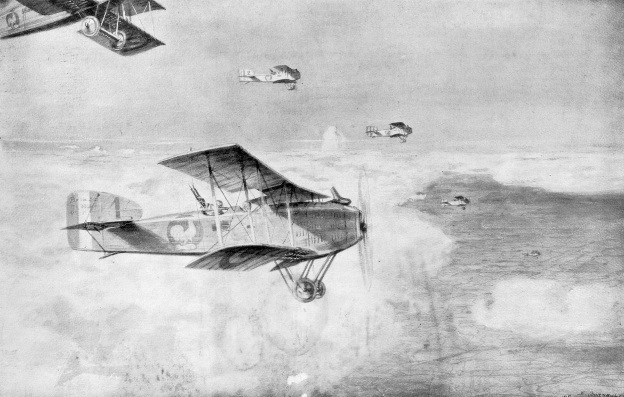 1918, 1926 के बादलों के समुद्र के ऊपर दिनमान बमवर्षकों का एक फ्रांसीसी स्क्वाड्रन। द्वारा एटिएन कर्टनॉल्ट