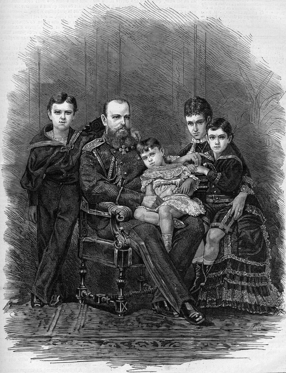 1881 में रूसी शाही परिवार का पोर्ट्रेट: ज़ार अलेक्जेंडर III (1845-1894) और मैरी फेडोरोवना (या फियोडोरोवना, या फेडोरोवना) (मैरी सोफी डागमार) द्वारा एटिने गेब्रियल बोकोर्ट