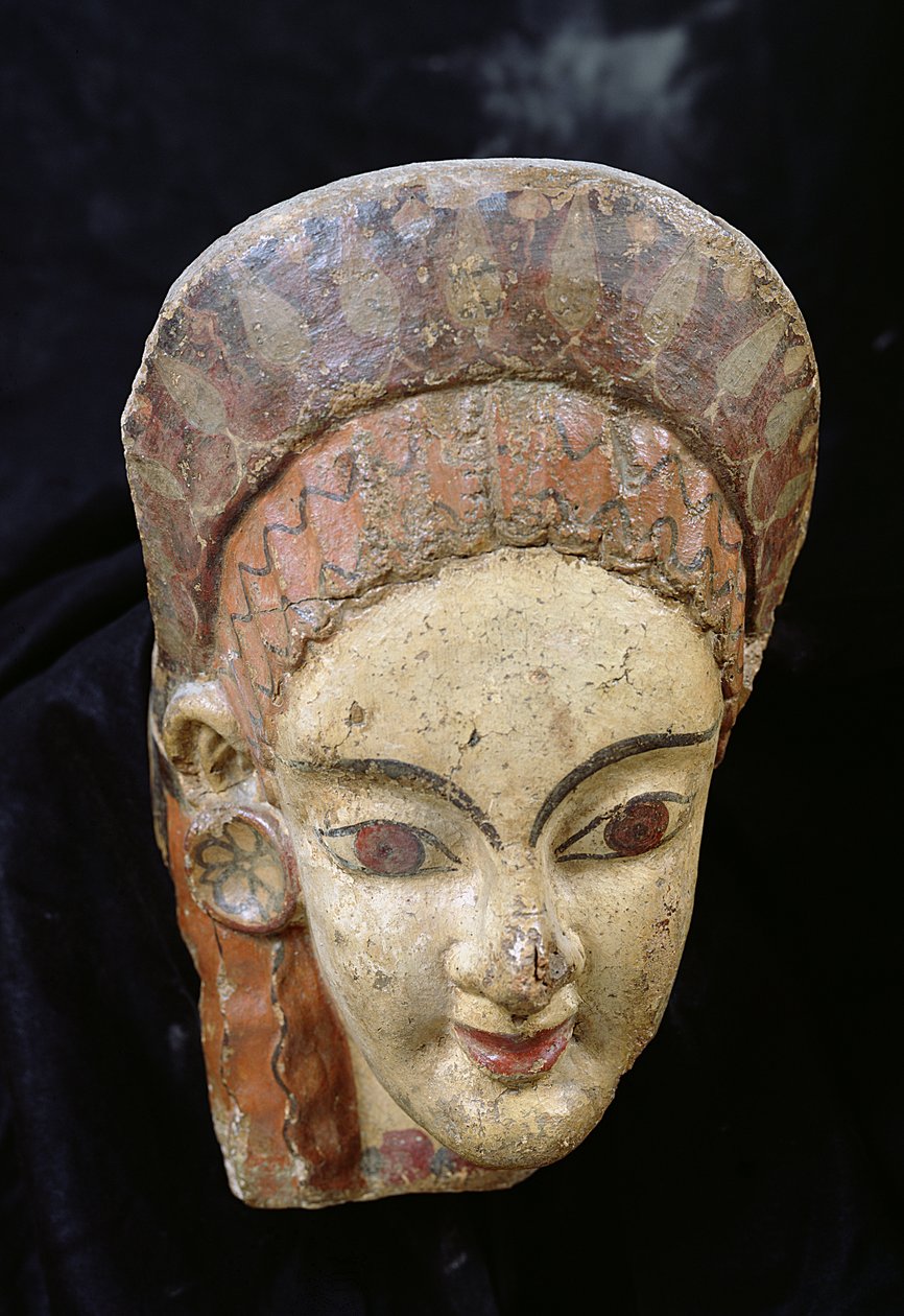 Cerveteri (मिट्टी के बर्तनों) से एक महिला के सिर के साथ प्रत्यय द्वारा इट्रस्केन