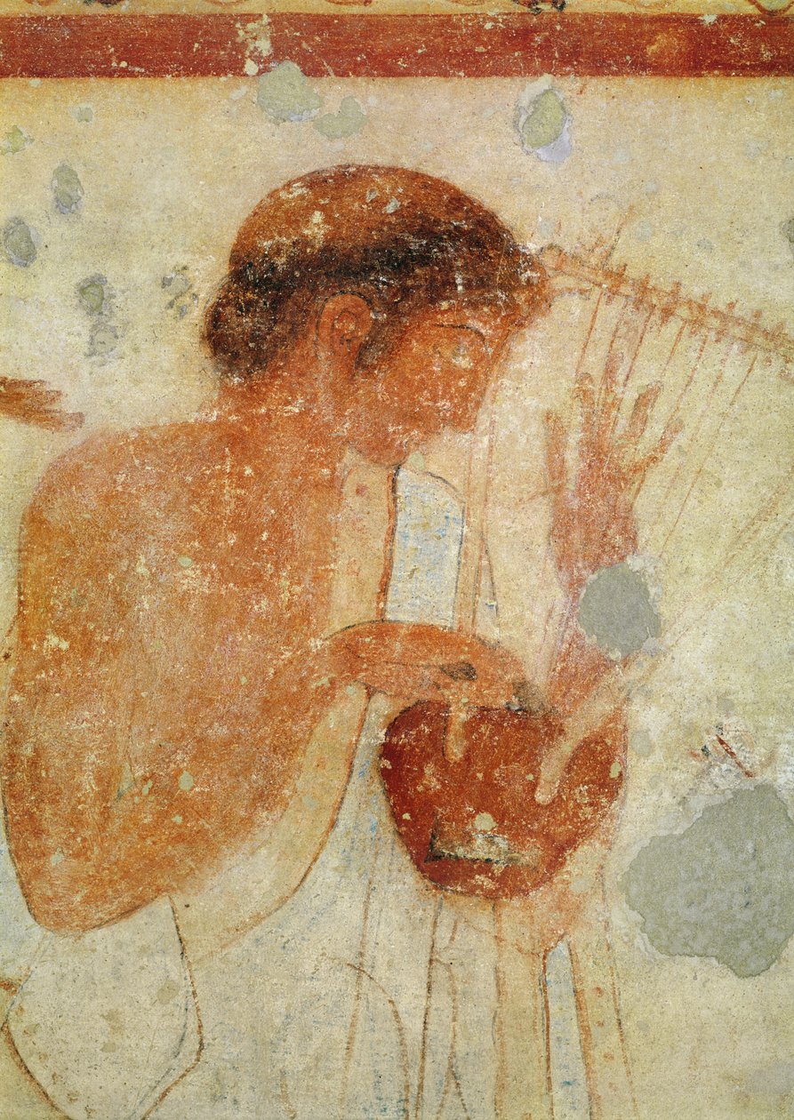 ट्रिसलिनियम के मकबरे से, ज़ीर या लिरे को बजाने वाले संगीतकार का विस्तार, c.470 ईसा पूर्व की दीवार पेंटिंग भी 407461 देखें द्वारा इट्रस्केन
