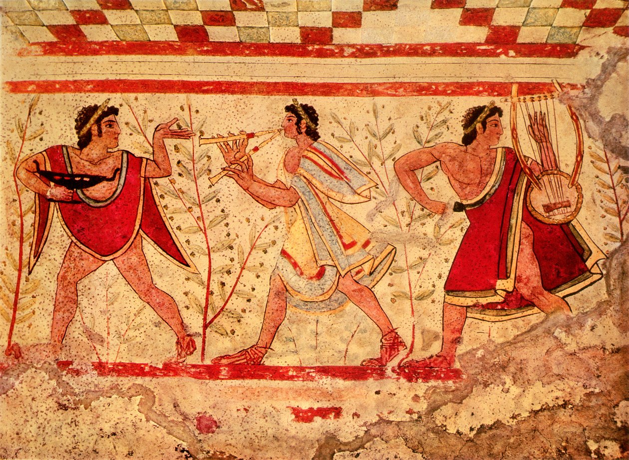 Etruscan संगीतकारों, तारकिनिया में तेंदुए के मकबरे में 5 वीं शताब्दी ईसा पूर्व की नकल द्वारा इट्रस्केन