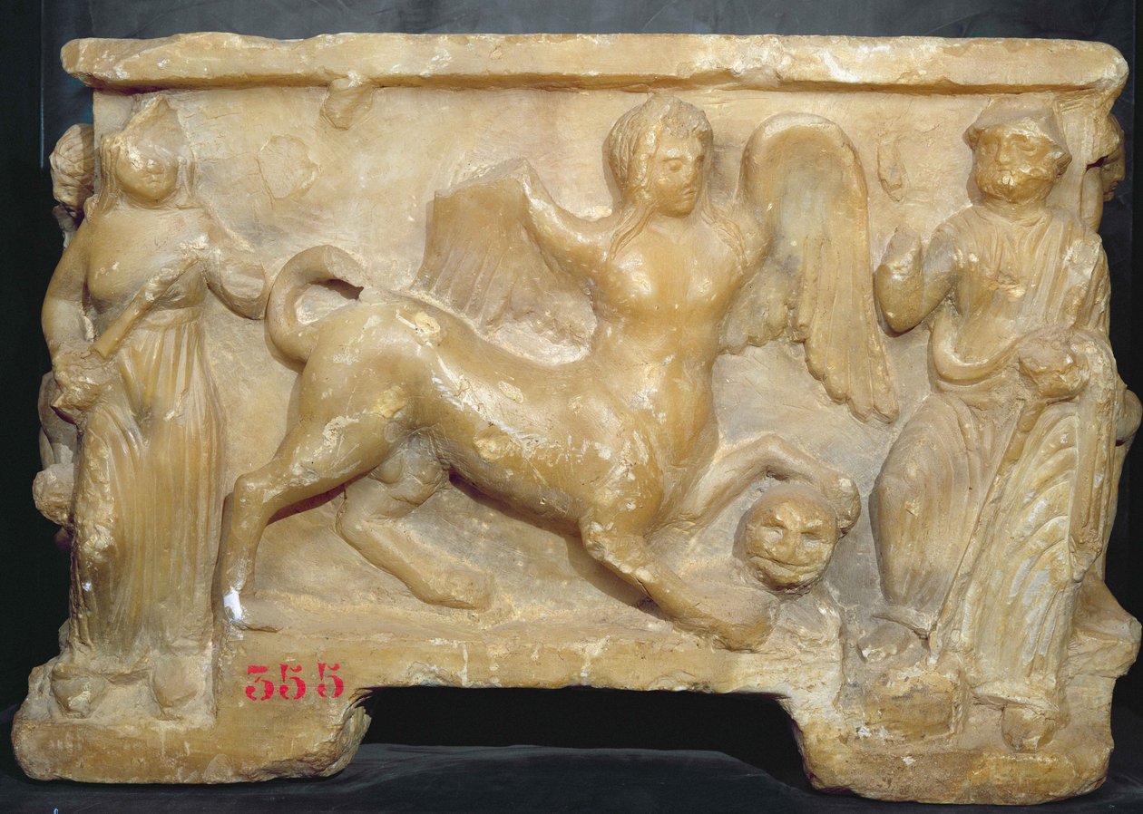 ओडिपस और स्फिंक्स (एलाबस्टर) को दर्शाने वाला मजेदार कलश द्वारा इट्रस्केन
