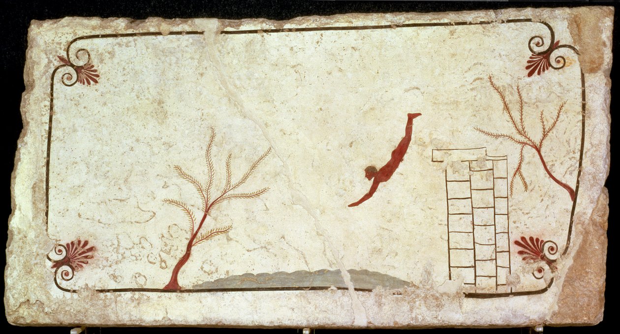 Paestum में दक्षिणी कब्रिस्तान, 480-470 ईसा पूर्व से गोताखोर के मकबरे से चित्रकारी द्वारा इट्रस्केन