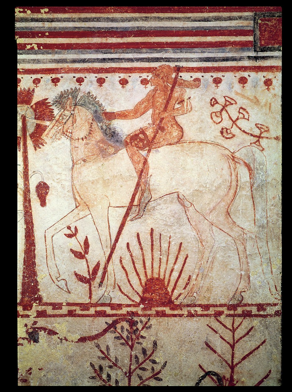 बुल्स के मकबरे (टॉम्बा डेल तोरी) c.540 ईसा पूर्व (दीवार पेंटिंग) से Achilles द्वारा ट्रोजन प्रिंस ट्रॉयलस का घात द्वारा इट्रस्केन