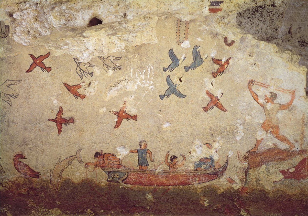 मछली पकड़ने और शिकार के मकबरे से एक नाव में बैठे मछुआरे, C.520-510 ईसा पूर्व (दीवार पेंटिंग) द्वारा इट्रस्केन