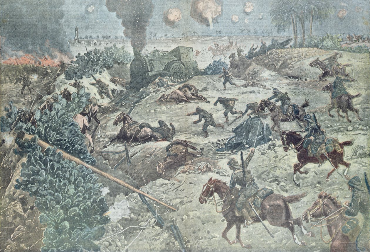 फिलिस्तीन में तुर्की सैनिकों के साथ एक लड़ाई में ब्रिटिश सेना की टुकड़ी काटती ब्रिटिश घुड़सवार सेना, &39;ले पेलेरिन&39; पत्रिका से चित्रण द्वारा यूजीन डंबलान्स