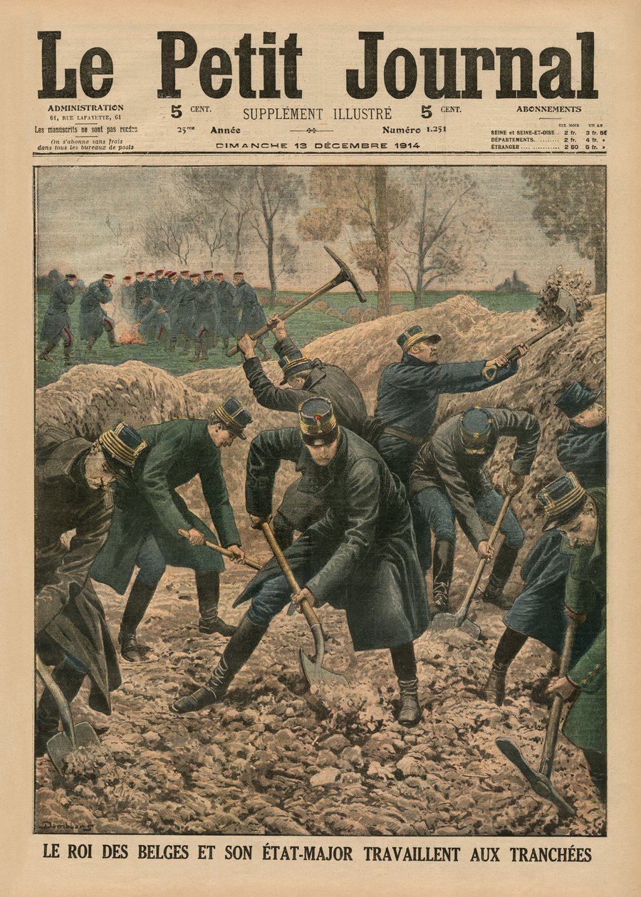 बेल्जियम के राजा ने अपने कर्मचारियों के अधिकारियों के साथ मिलकर खानों की खुदाई की, &39;ले पेटिट जर्नल&39; से सामने का चित्रण, पूरक चित्र, 13 दिसंबर 1914 द्वारा यूजीन डंबलान्स