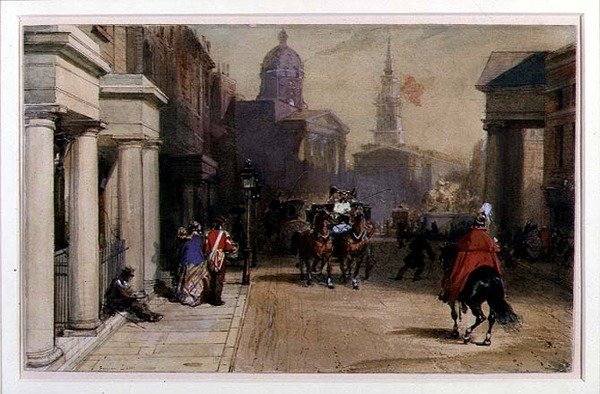 पल मॉल से ट्राफलगर स्क्वायर, c.1848-52 (कागज पर पेंसिल के ऊपर वॉटरकलर और गौचे) द्वारा यूजीन लुई लामिया
