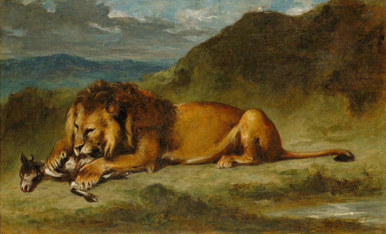 एक बकरी को भक्षण करने वाला शेर, c.1850 (कैनवास पर तेल) द्वारा यूजीन डेलाक्रोइक्स