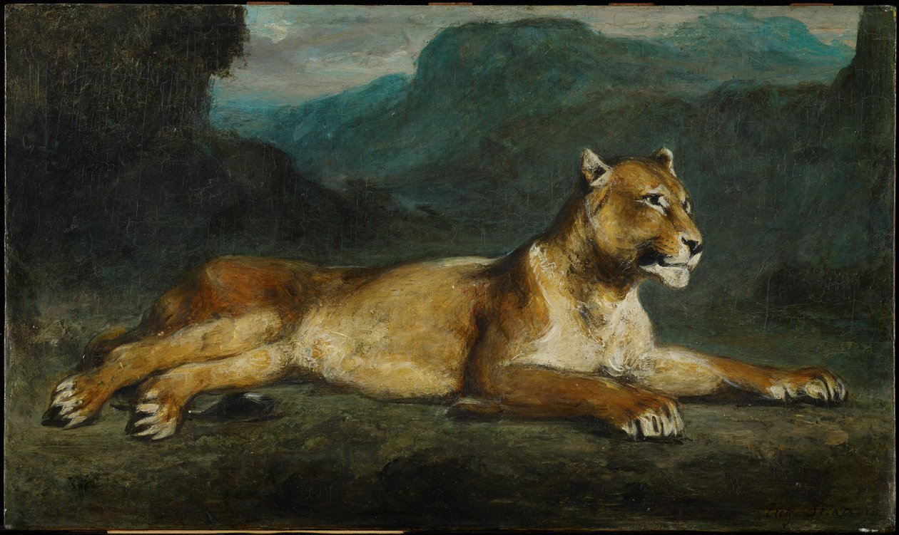 शेरनी झुकना, c.1855 (पैनल पर तेल) द्वारा यूजीन डेलाक्रोइक्स