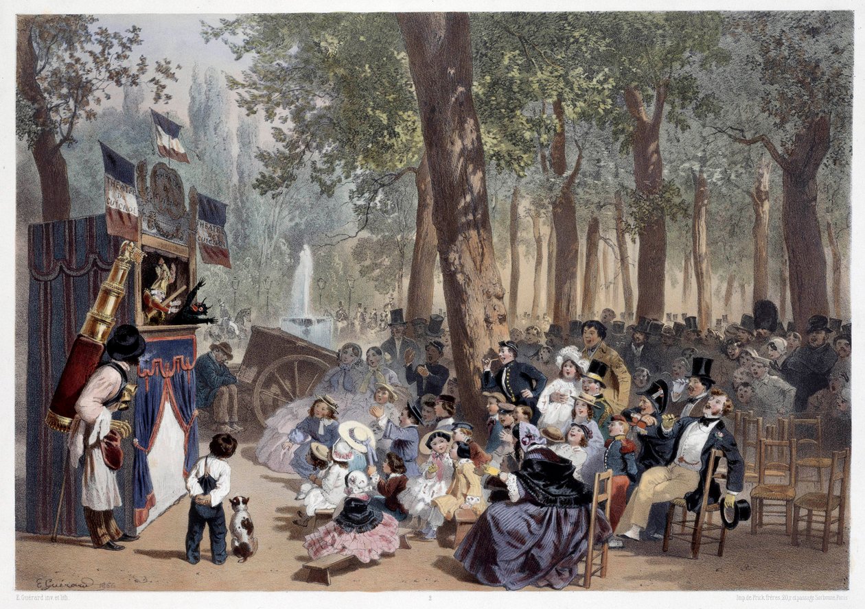 19वीं सदी में पेरिस में चैंप्स एलिसीज़ पर गिग्नोल का शो। यूजीन गुएरार्ड (1821-1866) 19वीं सदी के पेरिस, मुसी कार्नावाले द्वारा प्रिंट द्वारा यूजीन चार्ल्स फ्रेंकोइस ग्वार्ड