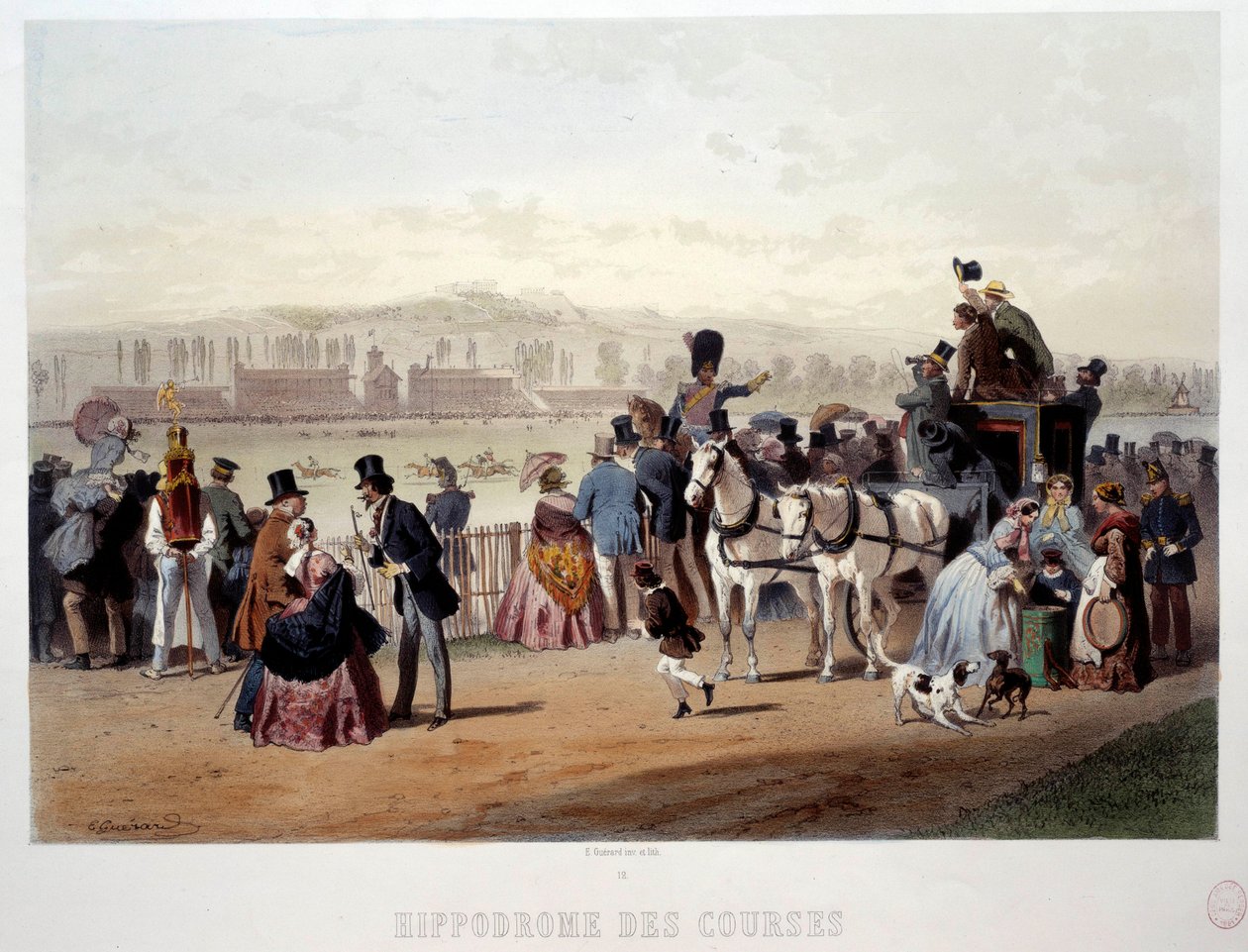 19वीं सदी के यूजीन गुएरार्ड (1821-1866) द्वारा बोइस डी बोलोग्ने लिथोग्राफ में रेसकोर्स का दृश्य। पेरिस, मुसी कार्नावाले द्वारा यूजीन चार्ल्स फ्रेंकोइस ग्वार्ड