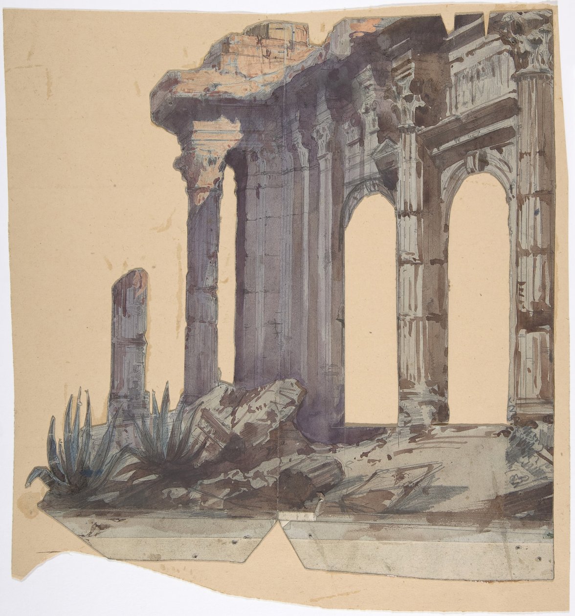 ओपरा, पेरिस में एक स्टेज सेट के लिए डिजाइन: स्तंभित बाहरी, 1828-90। द्वारा यूजीन सिसेरी