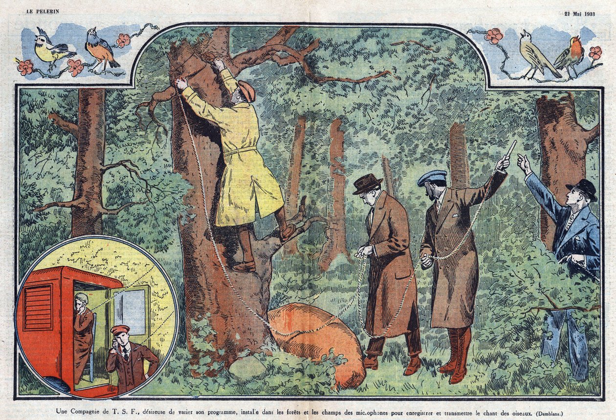 एक TSF कंपनी पक्षियों के गीत को रिकॉर्ड करने और प्रसारित करने के लिए जंगलों और खेतों में माइक्रोफोन स्थापित करती है। 21 मई 1933 के "" ले पेलेरिन "" में डंबल्स का चित्रण। द्वारा यूजीन डंबलान्स