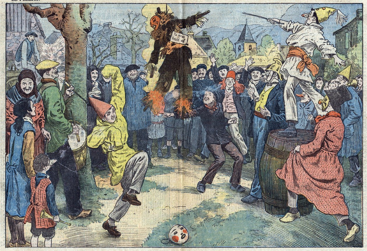 पुराने रीति-रिवाज: मार्डी ग्रास (मार्डी-ग्रास) की शाम को "कार्निवल" का दाह संस्कार, कैरमे की दहलीज पर छोड़े गए सुखों और अच्छे प्रियतम का प्रतिनिधित्व करता है। डम्बलन्स का चित्रण। 16 मार्च के "" ले पेलेरिन "" में द्वारा यूजीन डंबलान्स