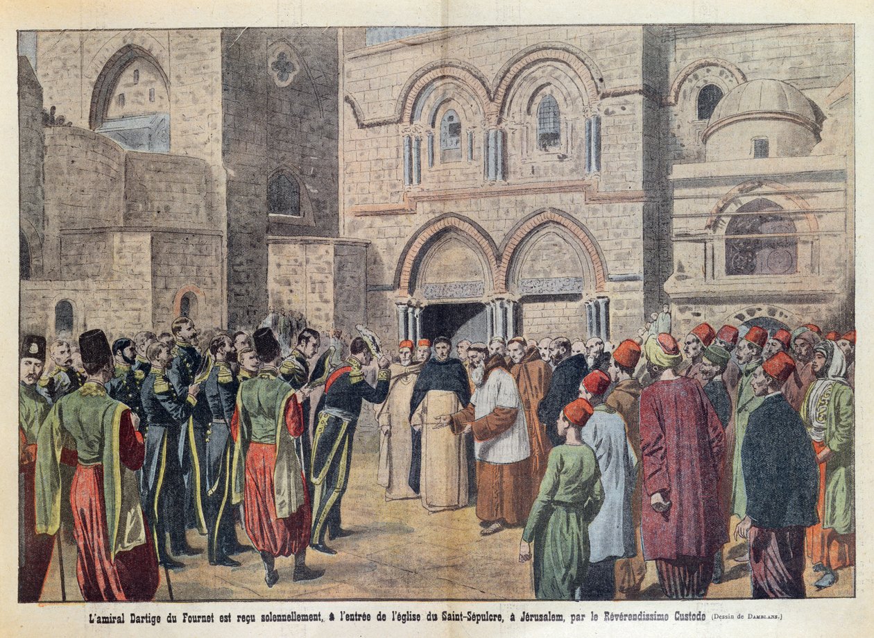 यरूशलेम में पवित्र सेपुलर के चर्च में एडमिरल डार्टिज डू फोरनेट (1856-1940) का स्वागत, &39;ले पेलेरिन&39; पत्रिका 2 अगस्त 1911 से चित्रण द्वारा यूजीन डंबलान्स