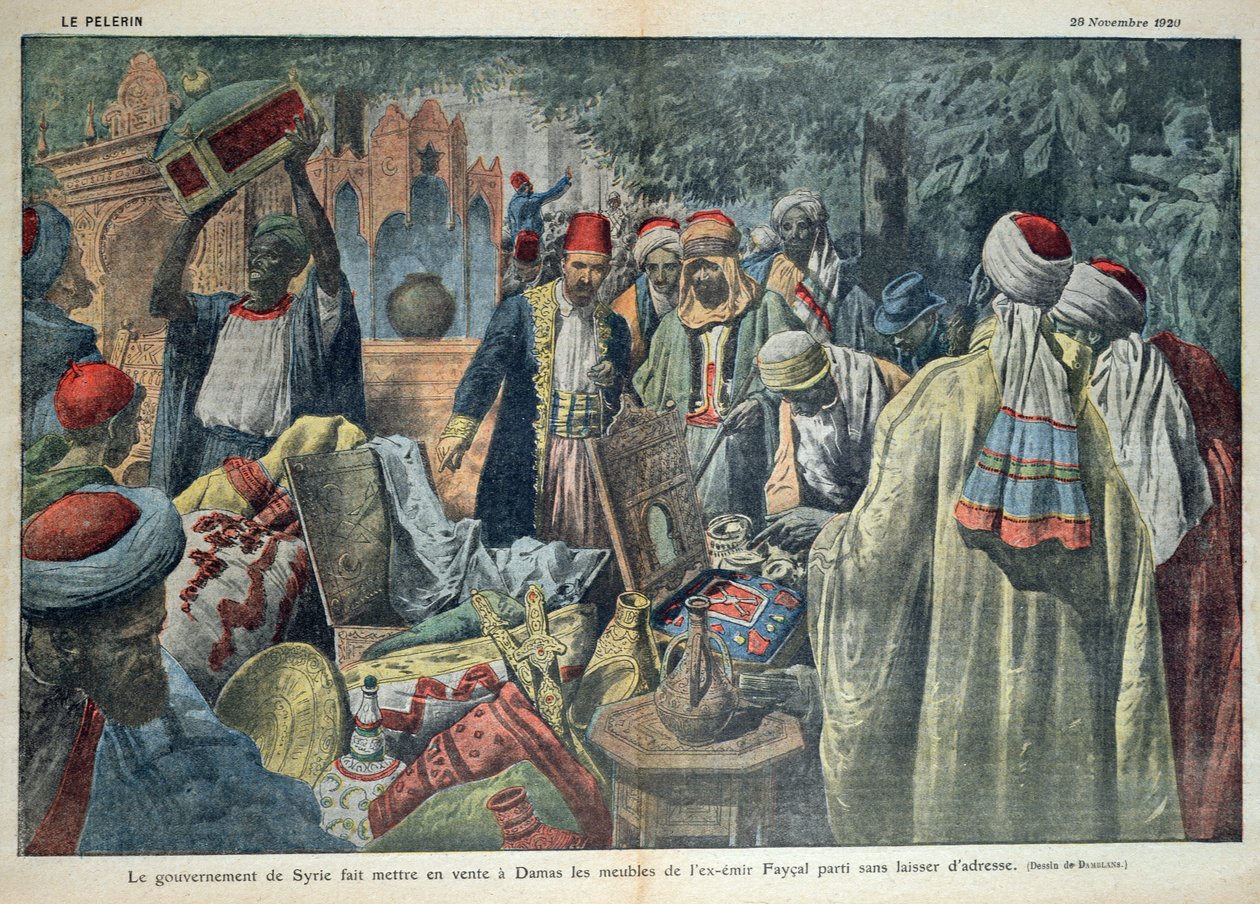 दमिश्क में एमिर फैसल (1883-1923) के सामान की सीरियाई सरकार द्वारा बिक्री, &39;ले पेलेरिन&39; पत्रिका से चित्र, 20 नवंबर 1920 द्वारा यूजीन डंबलान्स