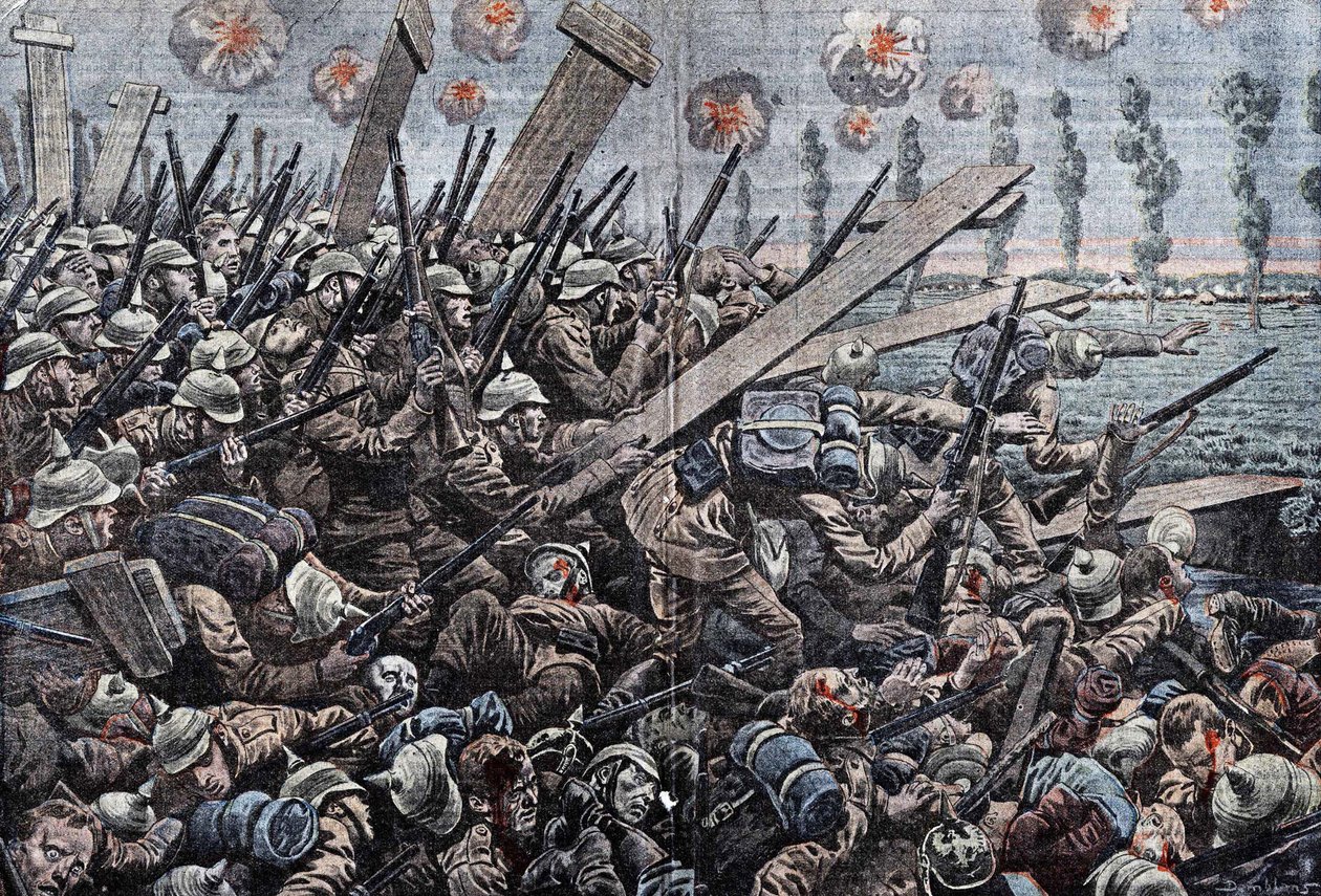 युद्ध १९१४-१९१८। बेल्जियम के सामने 1914. यसर पर जर्मन सैनिक। डंबलन्स द्वारा ड्राइंग। द्वारा यूजीन डंबलान्स