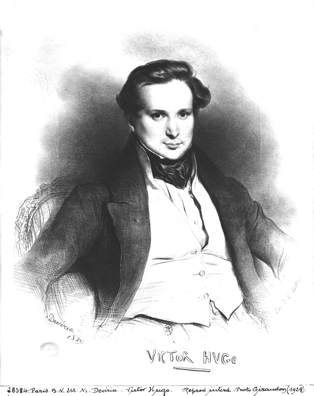 विक्टर ह्यूगो (1802-66) का पोर्ट्रेट, चार्ल्स एटिने पियरे मोट्टे (1785-1836) 1829 (लिथो) (बीडब्ल्यू फोटो) द्वारा उकेरा गया द्वारा यूजीन डेवेरिया