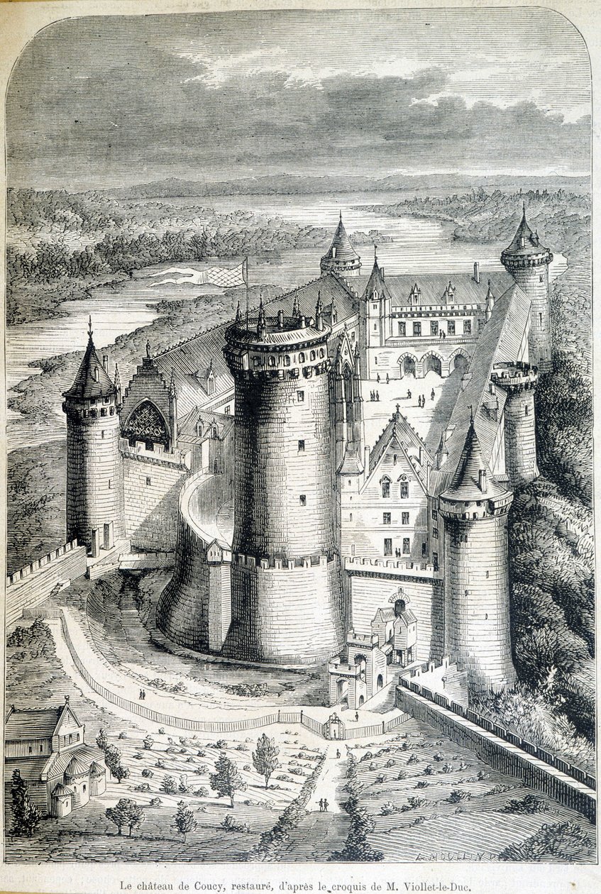 Le Chateau de Coucy, पुनर्स्थापित करता है - स्केच से उत्कीर्णन // यूजीन वायलेट-ले-ड्यूक (वायलेट ले ड्यूक) (1814-1879) द्वारा - "" ले मोंडे शानदार "" 8/05/1858 का। द्वारा यूजीन इमैनुएल (बाद में) वायलेट ले डुक