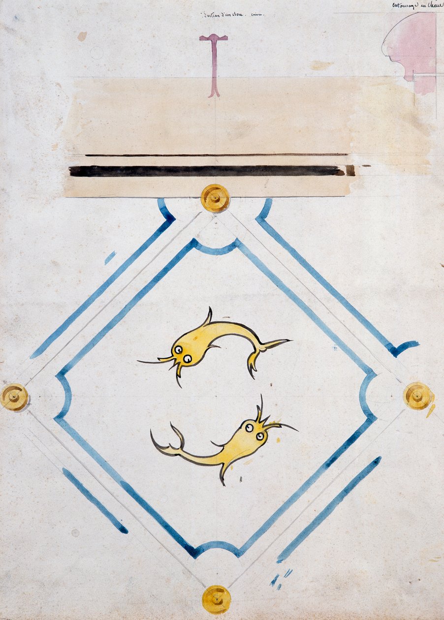 यूजीन इमैनुएल वायलेट-ले-ड्यूक (1814-1879), वॉटरकलर ड्राइंग द्वारा बाथरूम टाइल के लिए मोटिफ्स, चेटो डी'यू द्वारा यूजीन इमैनुएल वायलेट ले डुको