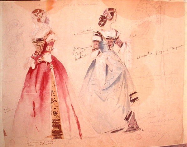 अल्फ्रेड डी मुसेट (1810-1857) (कागज पर पानी के रंग) द्वारा 'लेस कैप्रिस डी मैरिएन' के निर्माण के समय दो महिला पोशाक डिजाइन द्वारा यूजीन गिरौद