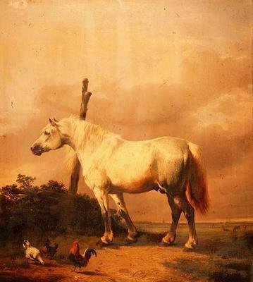 एक व्यापक परिदृश्य में कुक्कुट के साथ एक Carthorse द्वारा यूजीन जोसेफ वेर्बोकेवन