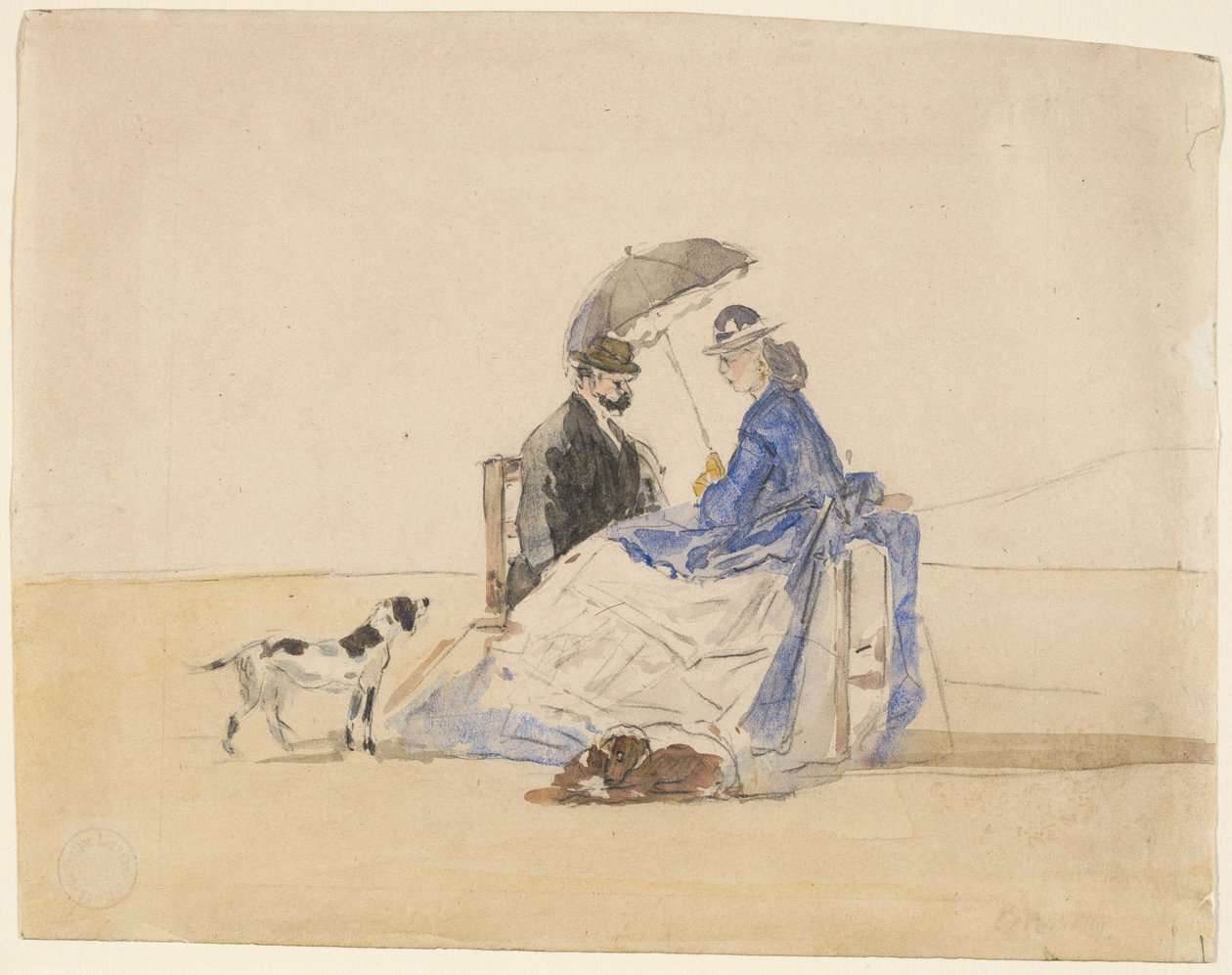दो कुत्तों के साथ समुद्र तट पर बैठा एक युगल, c. 1865. द्वारा यूजीन लुई बौडिन