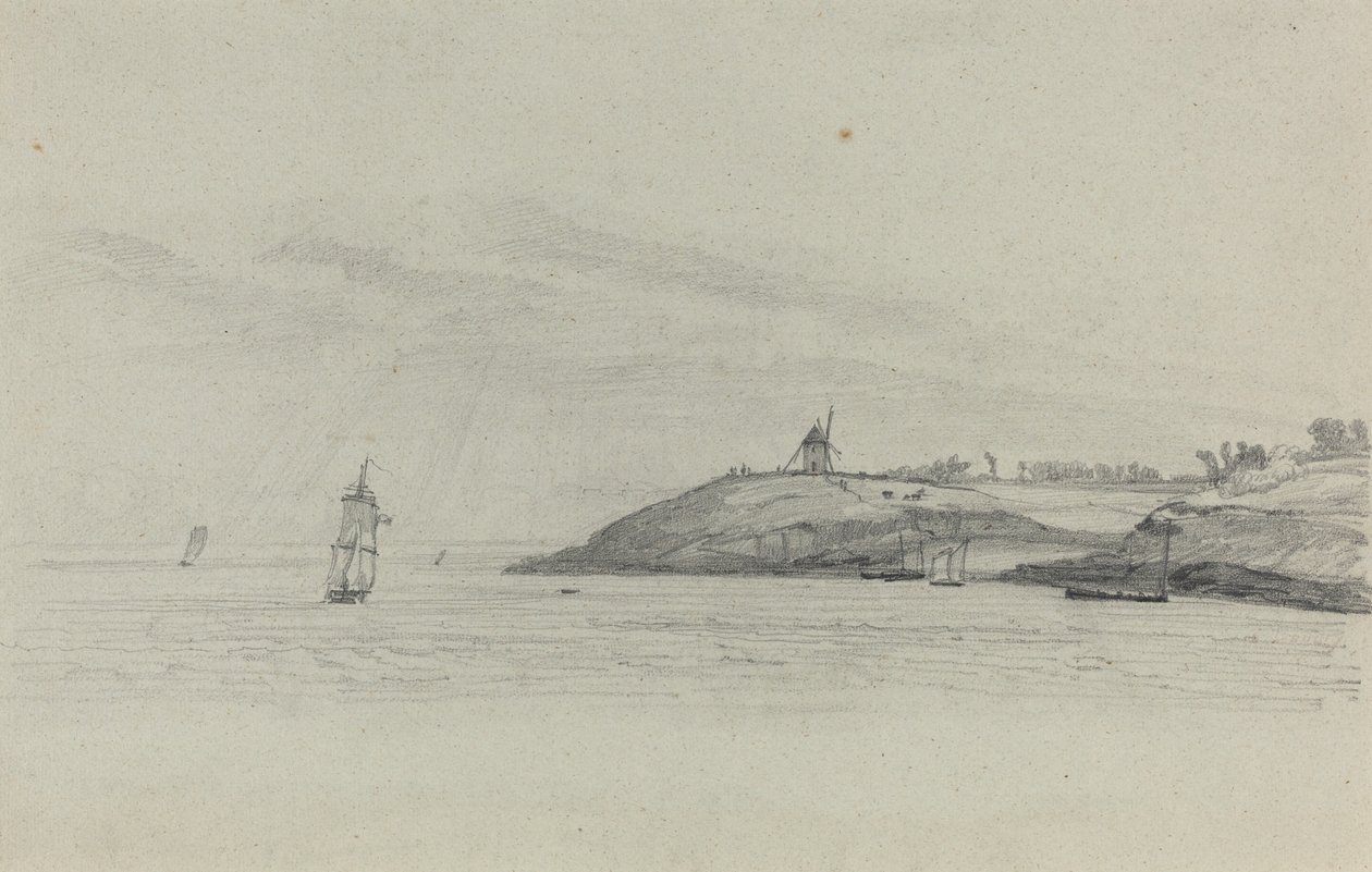 शिपिंग के साथ तटीय लैंडस्केप, दूरी में विंडमिल, सी। 1858. द्वारा यूजीन लुई बौडिन