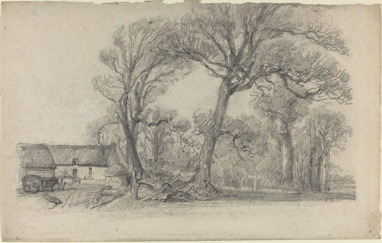 लैंडस्केप विद ट्रीज, कॉटेज और फार्म वैगन, सी। 1858. द्वारा यूजीन लुई बौडिन