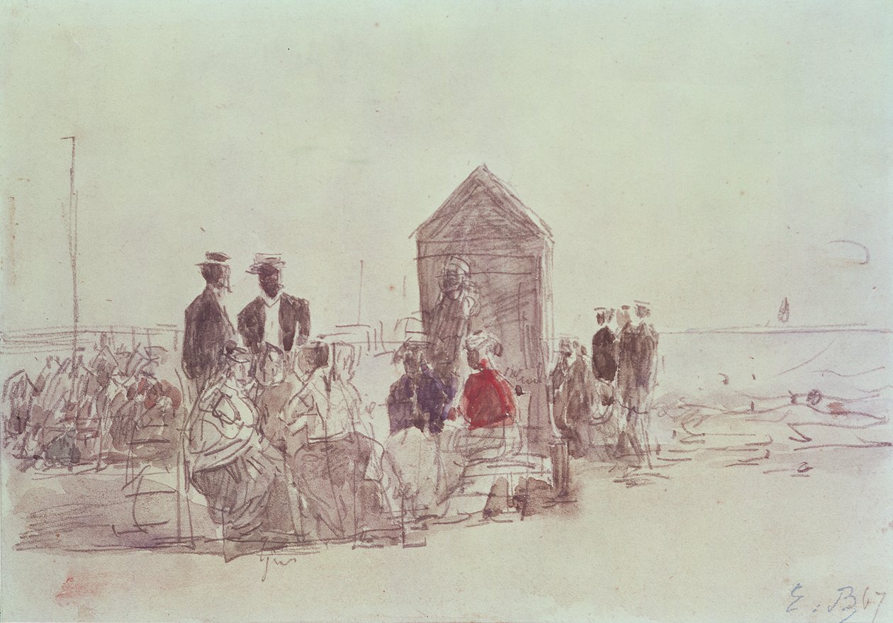 1867 में Deauville में समुद्र तट पर लोग (wc) द्वारा यूजीन लुई बौडिन