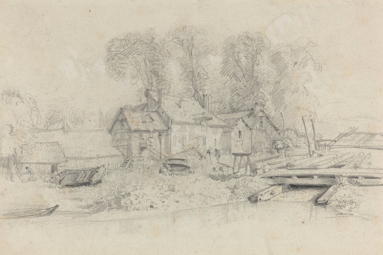 इमारतों, नावों और आकृतियों के साथ रिवर लैंडस्केप, सी। 1858. द्वारा यूजीन लुई बौडिन