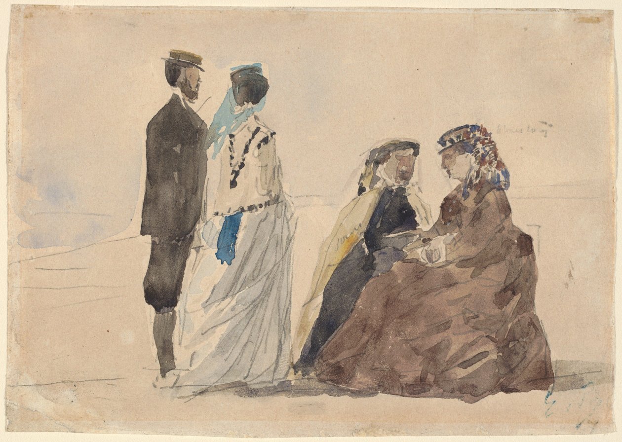 दो महिलाएं बैठी हैं और एक जोड़ा समुद्र तट पर घूम रहा है, c. 1866. द्वारा यूजीन लुई बौडिन