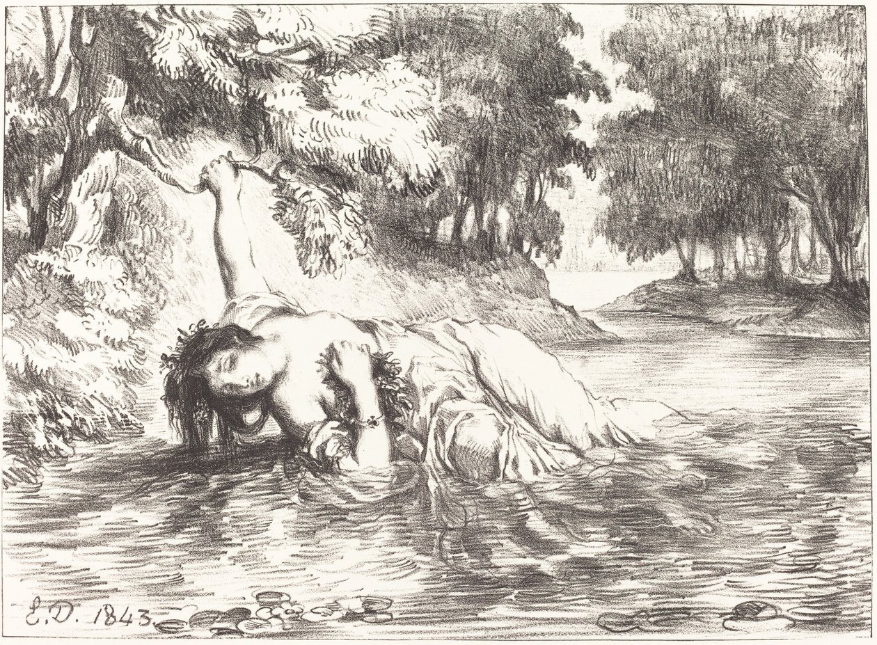 द डेथ ऑफ़ ओफेलिया एक्ट IV, सीन VII, 1843। द्वारा यूजीन डेलाक्रोइक्स
