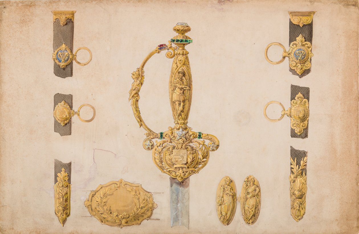 एक तलवार मूठ, म्यान और बेल्ट फिटिंग के लिए डिज़ाइन, ca. 1840-50. द्वारा यूजीन जुलिएन।