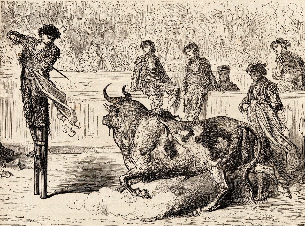 1878 में सेविले, स्पेन में स्टिल्ट्स पर बुलफाइटर स्टूड द्वारा यूरोपीय स्कूल