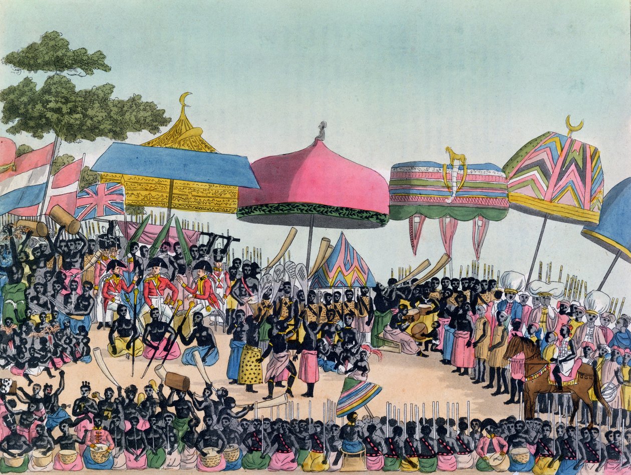 ए। बायसीओली द्वारा उत्कीर्ण कॉमासी, घाना में c.1818 में अशांति द्वारा आयोजित अंग्रेजी राजदूत के लिए रिसेप्शन। द्वारा यूरोपीय स्कूल