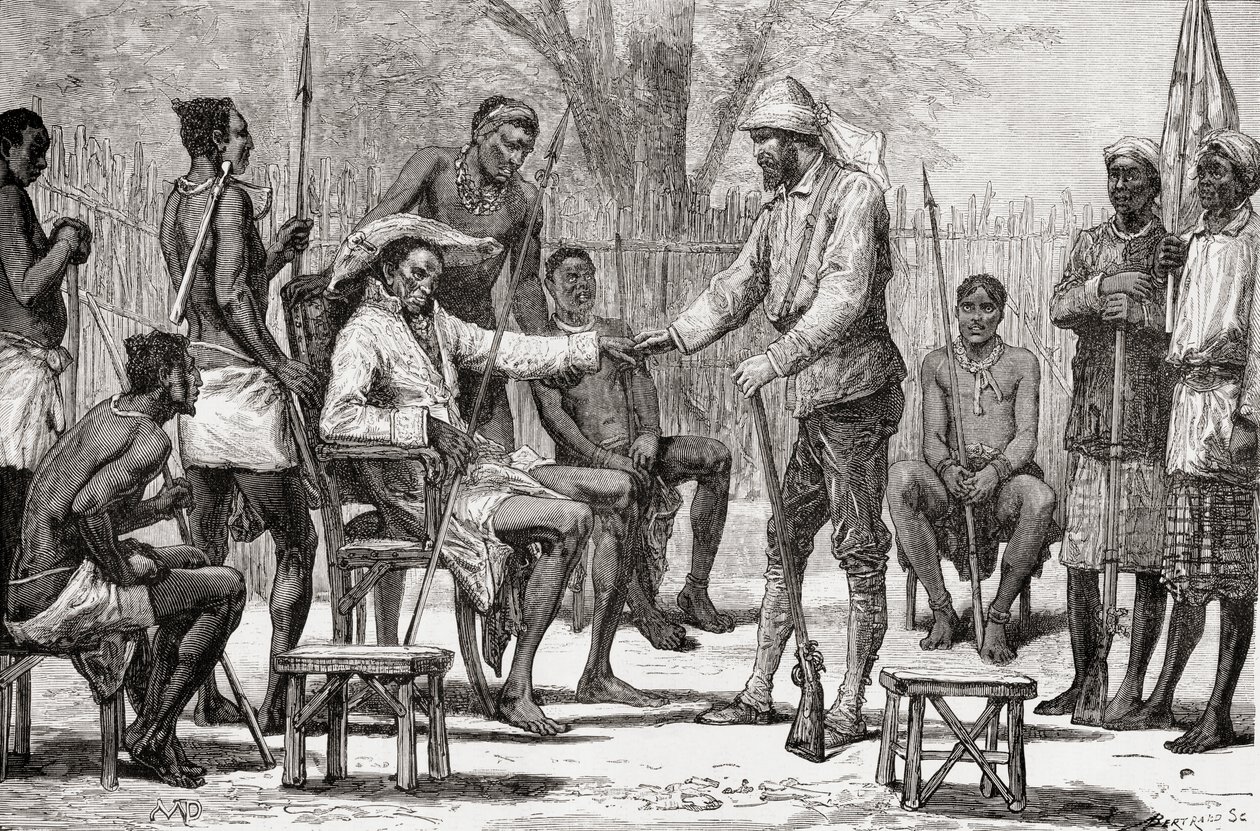 वर्ने लवेट कैमरन किंग कोंगो, 1878 (लकड़ी की नक्काशी) का दौरा करते हुए द्वारा यूरोपीय स्कूल