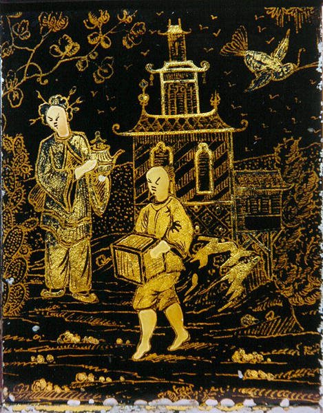 चायदानी चीनी तरीके से एक कुली और एक चायदानी (धातु) ले जाने वाली महिला को दर्शाती है द्वारा यूरोपीय स्कूल
