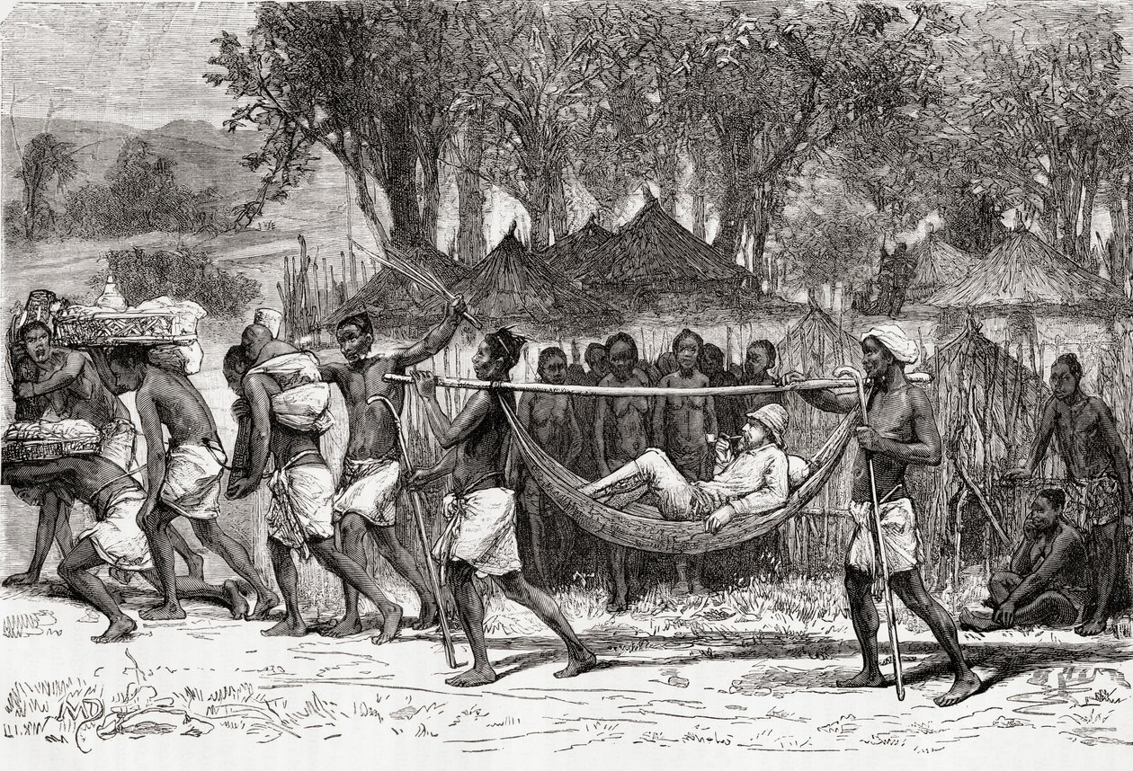 वर्निय लवेट कैमरून, ओउलोंडा, अफ्रीका, 1878 (लकड़ी की नक्काशी) के गांव में पहुंचे द्वारा यूरोपीय स्कूल