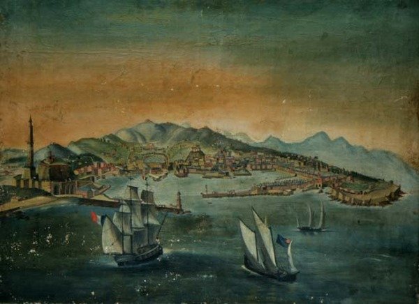 एक बंदरगाह पर एक प्रकाशस्तंभ के साथ एक बंदरगाह का दृश्य, c.1800 द्वारा यूरोपीय स्कूल