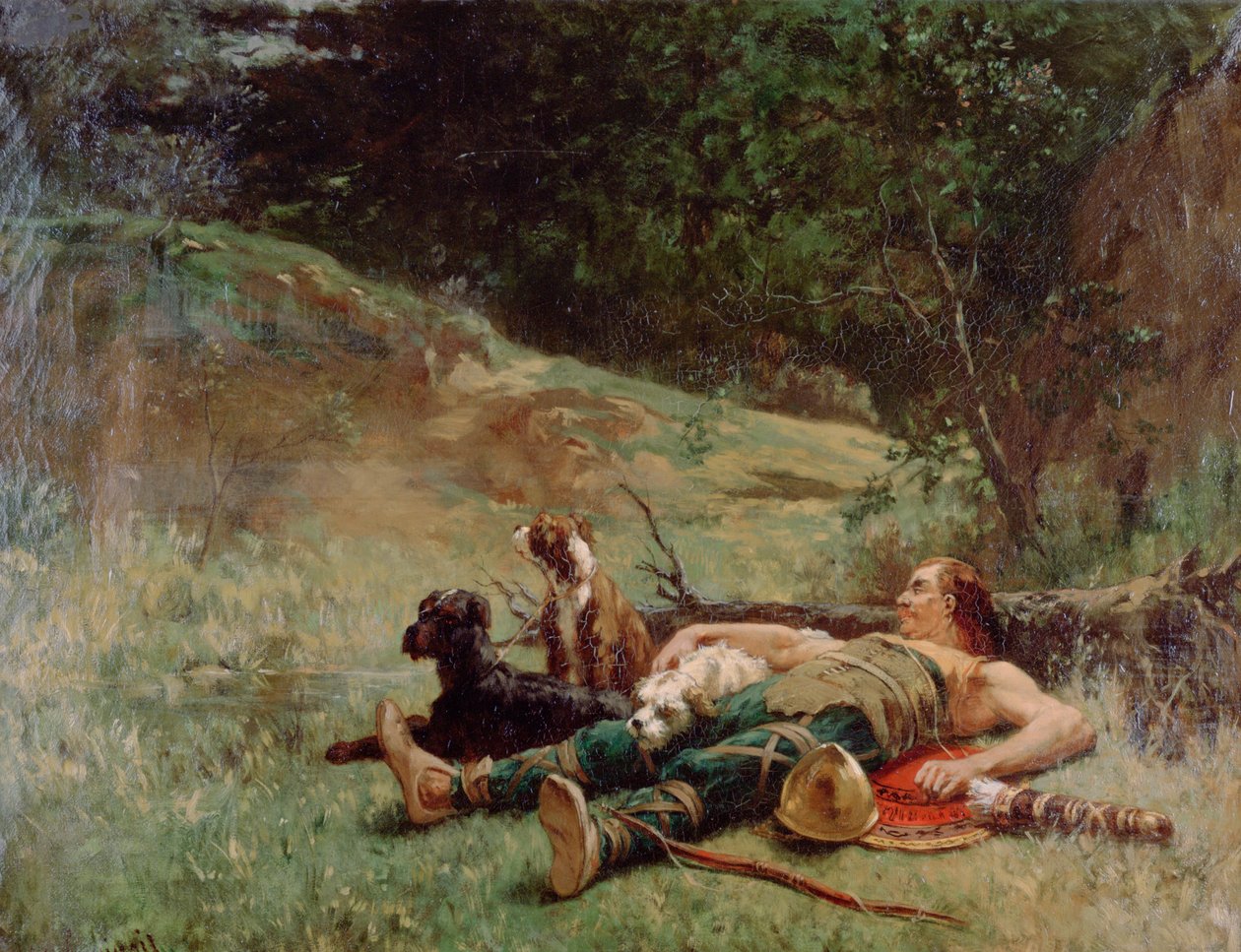 कुत्तों के साथ एक हंटर के बाकी, c1842-1896 द्वारा Evariste Vital Luminais