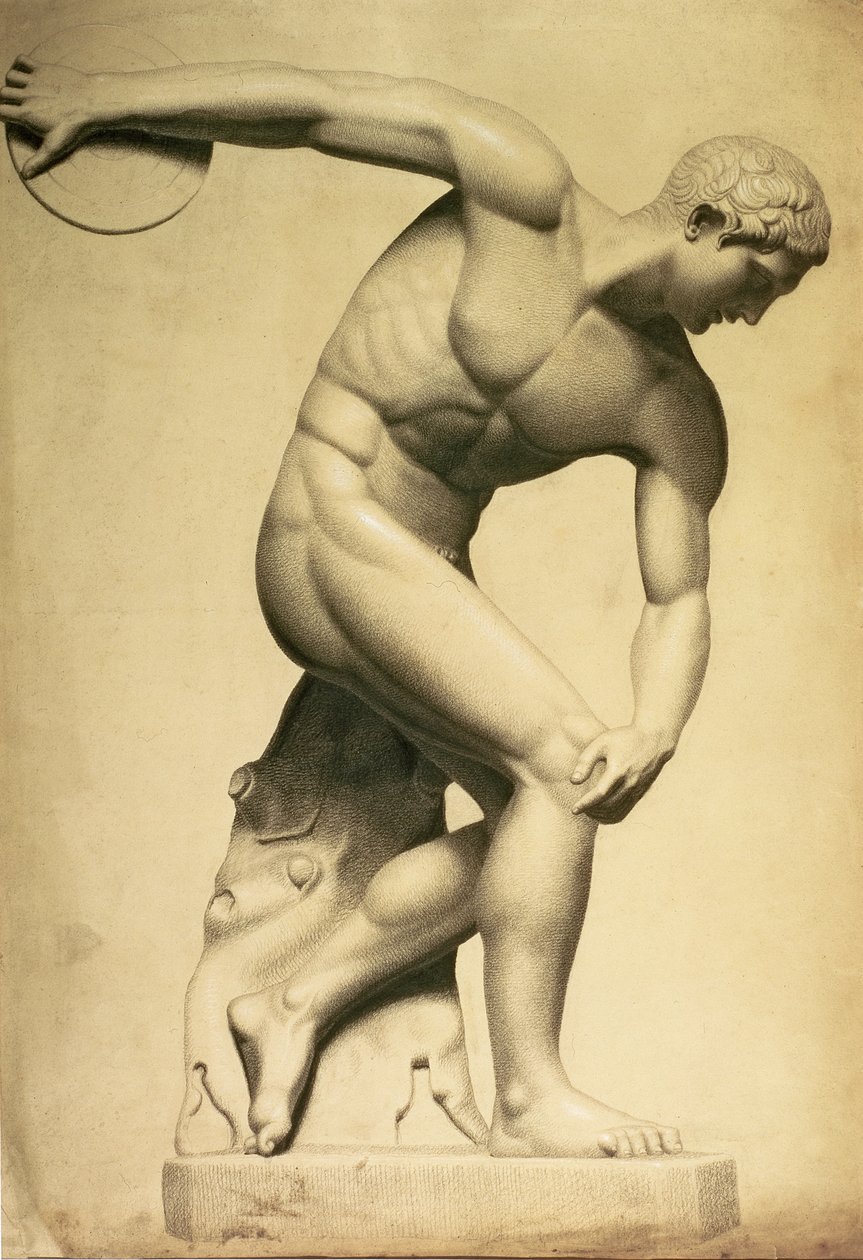डिस्कस थ्रोअर, एक शास्त्रीय मूर्तिकला की ड्राइंग, c.1874 (पेंसिल, कागज पर क्रेयॉन) द्वारा एवलिन डी मॉर्गन