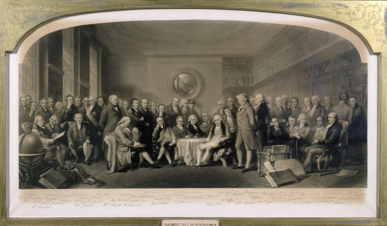 विज्ञान के प्रतिष्ठित पुरुष, 1807-08, रॉयल इंस्टीट्यूशन की लाइब्रेरी में इकट्ठे हुए, 4 जून 1862 द्वारा एफ और वॉकर, विलियम कौशल
